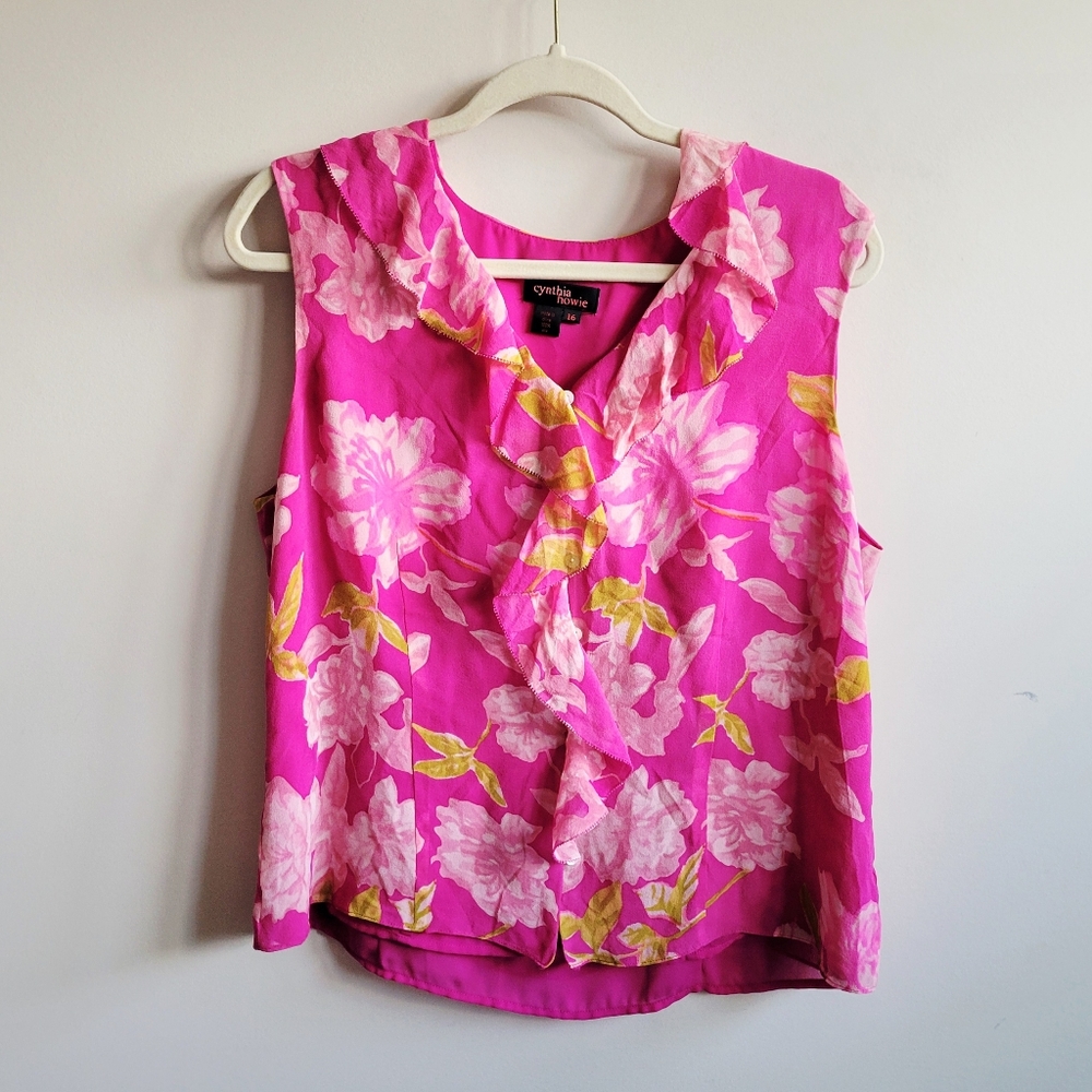 Cynthia Howie Blouse Silk‎ Floral Sleeveless Pink Ruffle Button Up Tank